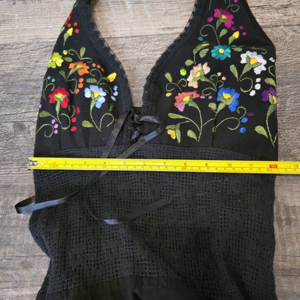 Black Halter Floral-Embroidered Flowy Midi Dress - Picture 2 of 7